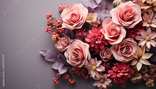 bouquet of pink roses. bouquet of flowers flat lay. flowers isolated on background top view. Mother s Day flowers. Valentine s Day flowers. Colourful flowers flat lay for presentation