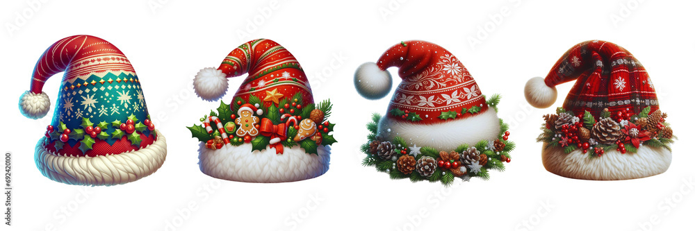 Set of beautiful decorated Christmas hat, isolated over on white background(1)