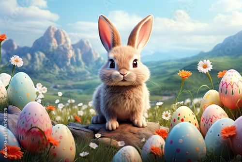 Cute Easter bunny with decorated eggs and spring flowers on a green spring landscape.by Generative AI