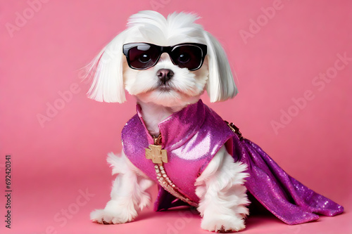 Creative animal concept. Maltese dog puppy in glam fashionable couture high end outfits on pastel background for advertisement