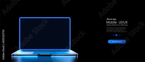 Futuristic Glowing Laptop Concept with Neon Blue Lights on Dark Background for High-Tech Computing. A portable neon computer with a blank screen and a desk in a dark room with blue lighting. Vector