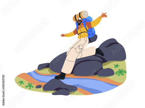 Happy hiker explorer travels. Backpacker adventure in nature. Active man hiking alone with backpack, jumping over river stream outdoors. Flat graphic vector illustration isolated on white background