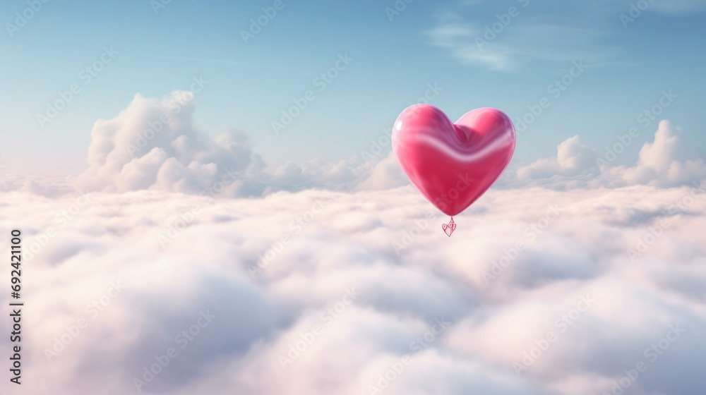 magenta heart-shaped balloon flies above white clouds. For Valentine's Day magenta heart-shaped balloon flies above white clouds. For Valentine's Day