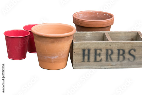 Empty flowerpots and tray for flowers and herbs isolated, flower pots and containers for planting plants, homegardening concept, transparent PNG