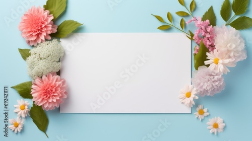 Creative layout with flowers, leaves and copy space note cards.