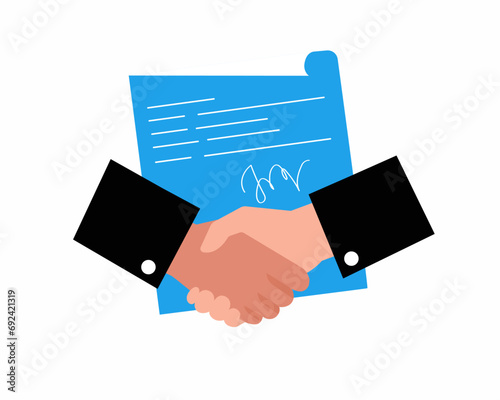 Business people shaking hands over contract paper handshake partnership agreement vector illustration. 