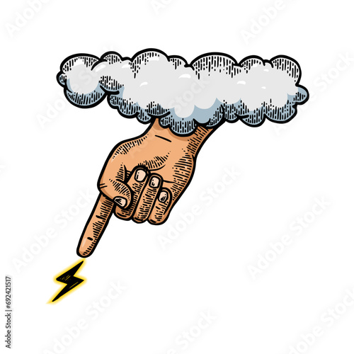 Hand of God sends lightning from sky cloud engraving sketch style hand drawn color vector illustration. Scratch board style imitation. Black and white hand drawn image.