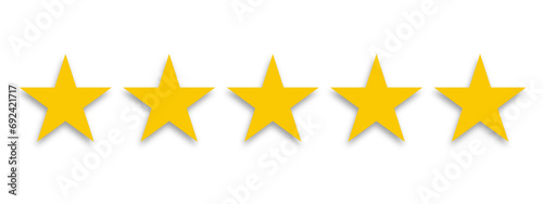 Five stars rating review. Vector yellow score ranking review signs. Feedback evaluation. 5 stars of best quality concept graphic representation. Flat icon for apps and websites on a transparent backgr