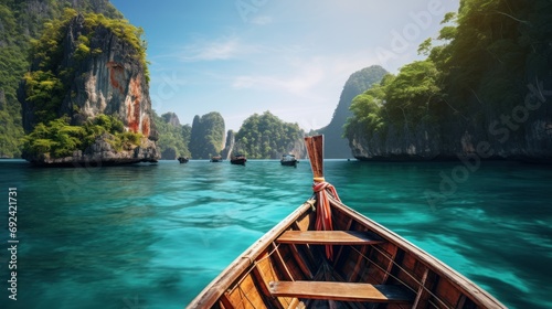 Tropical turquoise waters with Thai longtail boats gliding past coral reefs and islands in Thailand's Andaman Sea.