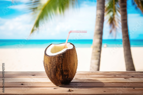 Fresh coconut coctail on the beach in beautiful lagoon photo