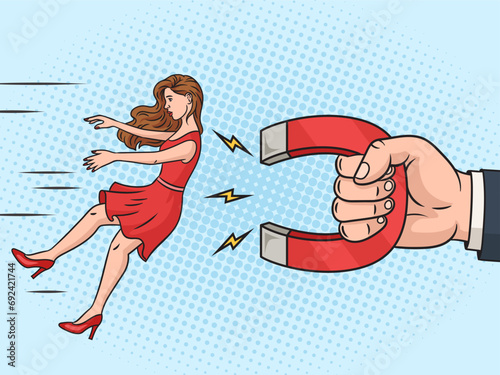 Man attracts woman with magnet pinup pop art retro hand drawn vector illustration. Comic book style imitation.