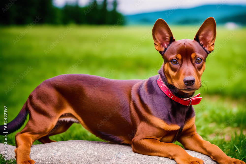 Miniature pinscher sitting on the ground in the park.  Generative AI
