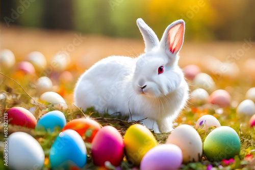 A white bunny with multicolor Easter eggs, autumn forest, blur meadow flower field background	