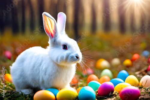 A white bunny with multicolor Easter eggs, autumn forest, blur meadow flower field background	