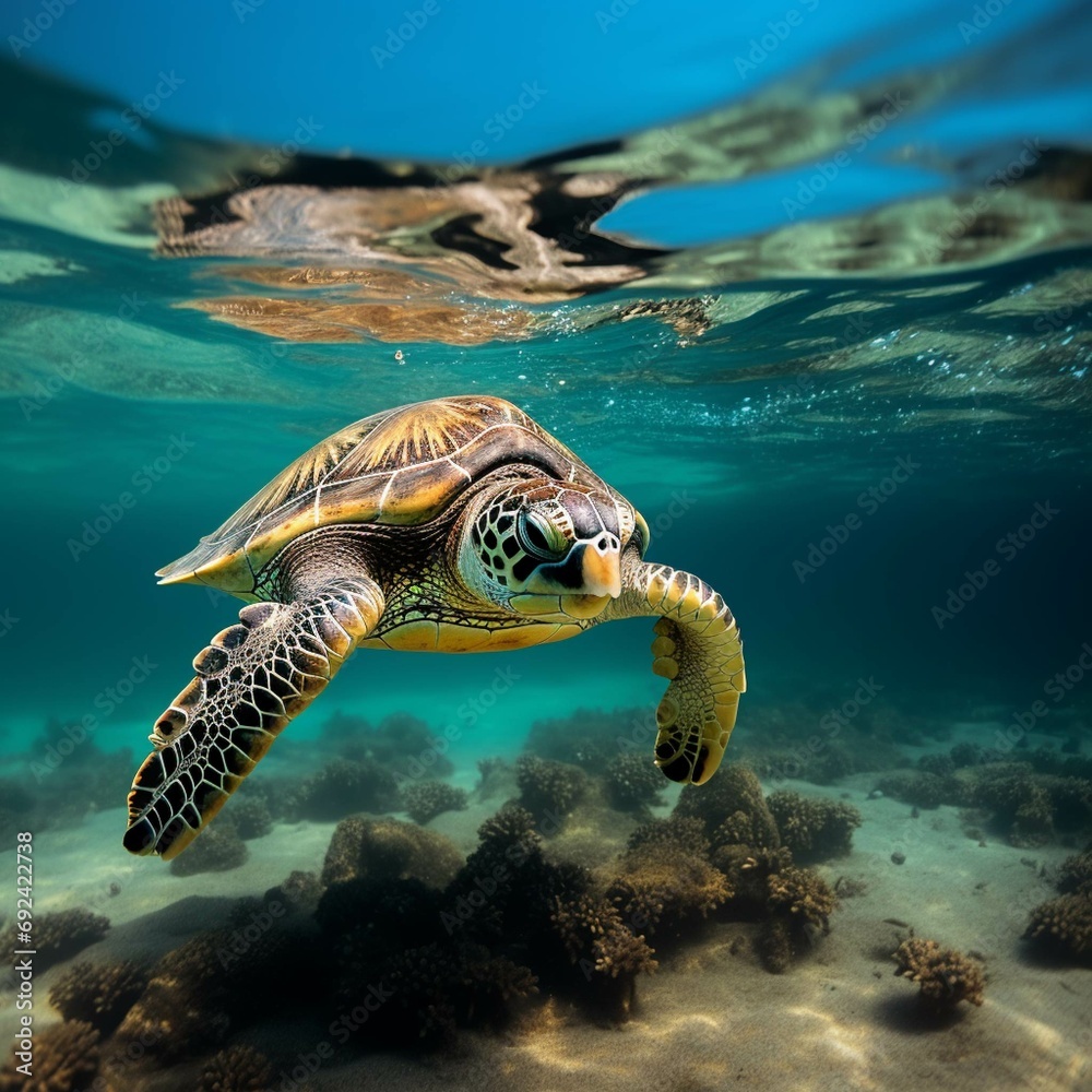 Obraz premium Big Sea Turtle Swimming with in ocean. Green Sea Turtle cruises in the warm waters of the Pacific Ocean