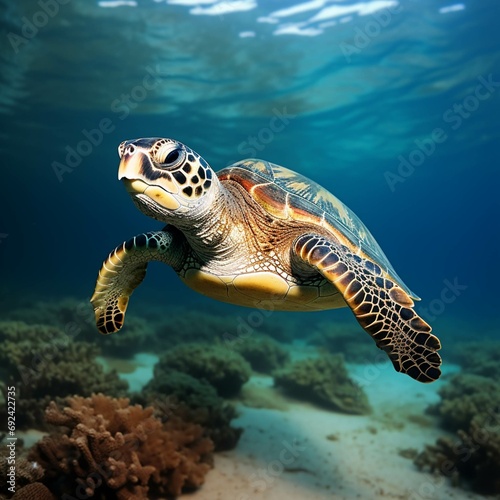 Big Sea Turtle Swimming with in ocean. Green Sea Turtle cruises in the warm waters of the Pacific Ocean © Ranksol