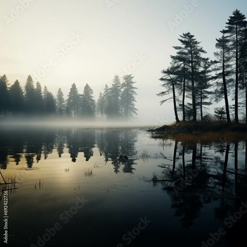 Beautiful landscape of the forest lake in a thick white fog. Reflections on the water. Dark atmospheric landscape. Fall season. Nature, ecology, environmental conservation, eco-tourism