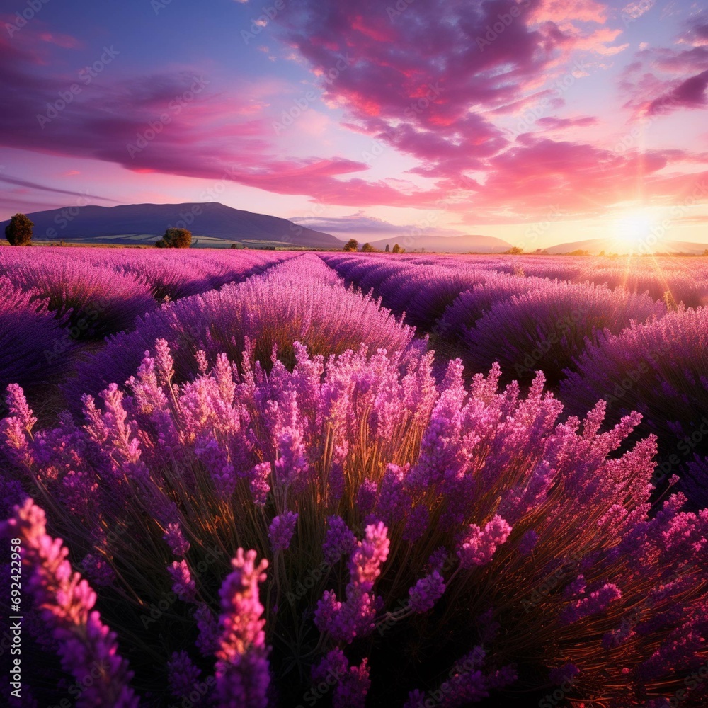 Lavender field sunset and lines. Beautiful lavender blooming scented flowers at sunset