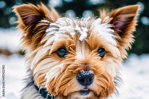 Portrait of a cute Yorkshire Terrier dog in the park. Generative AI