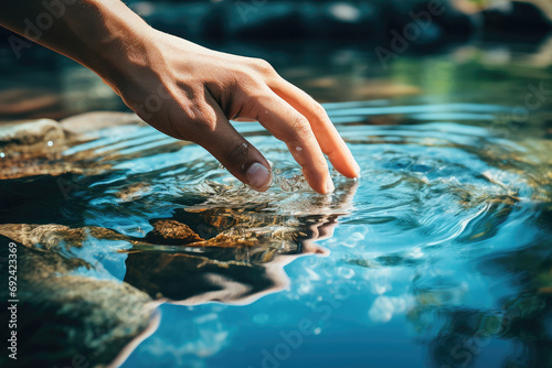 Woman's hand touching water in the midst of nature photo