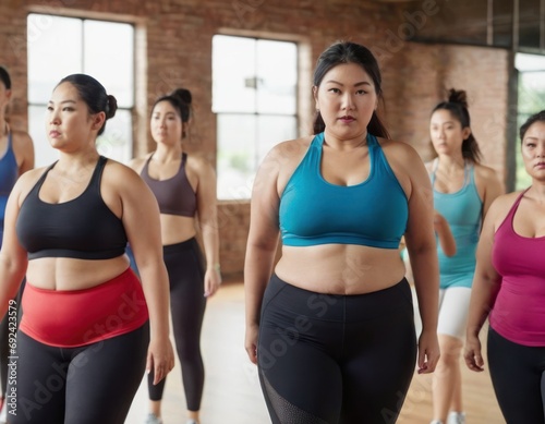 Overweight Asian Woman Attending A Fitness Class. Concept Overweight Asian Women, Struggling With Healthy Habits, Motivation For Fitness, Working Out In A Group Setting © Lord_Ghost