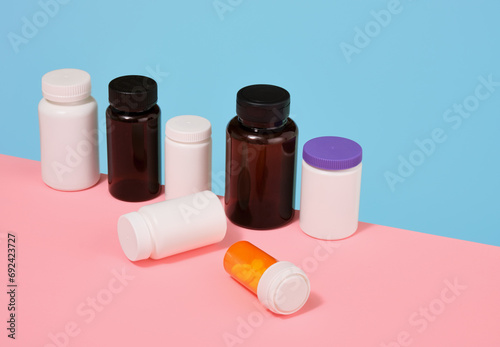 Various medical jars of pills and vitamins. Packaging with medicines.