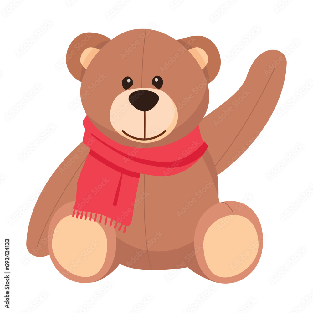 Teddy with red scarf. Winter bear toy