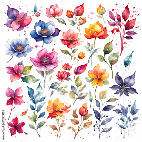 Colorful Watercolor Flowers & Leaves Illustrations photo