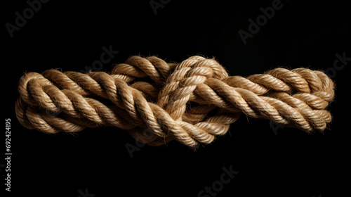 The Gordian knot of rough rope is isolated on a black background