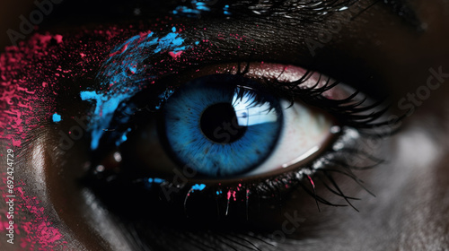 très gros plan sur un œil clair, peau noire éclaboussée de peinture de couleur bleu et rose