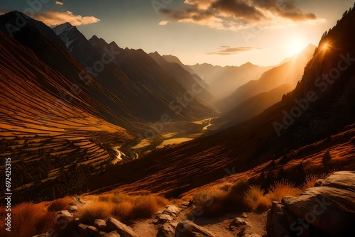 A panoramic shot of a valley surrounded by towering mountains  with the setting sun casting a warm farewell glow on the hills
