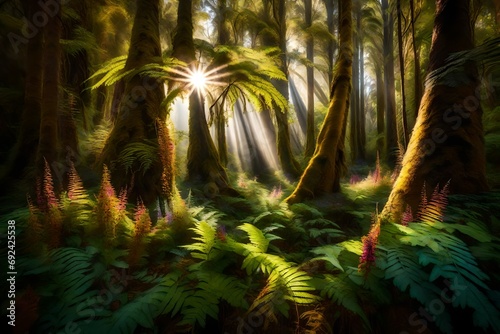 Sunlight filtering through towering fern trees in a lush New Zealand forest  with a carpet of unique and colorful wildflowers covering the forest floor in a symphony of hues