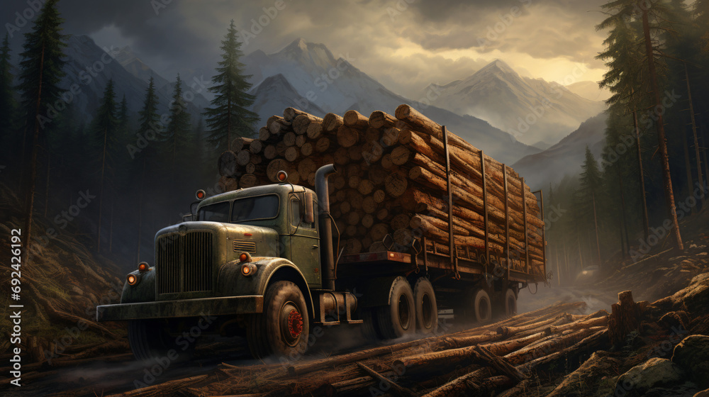 Timber truck in the Carpathian mountains - obrazy, fototapety, plakaty 