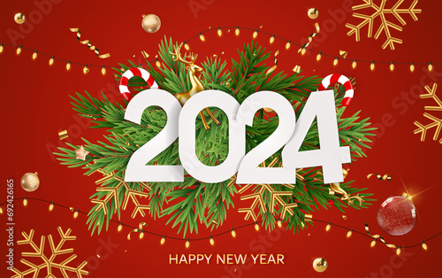 Happy New Year 2024 With Red Background and Christmas lights. Beautiful web banner or flyer and number 2024