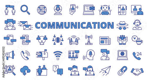 Communication icons line design blue. Connection, Network, Team, Video call, Contact, Correspondence vector illustrations. Graphs and charts editable stroke icons.