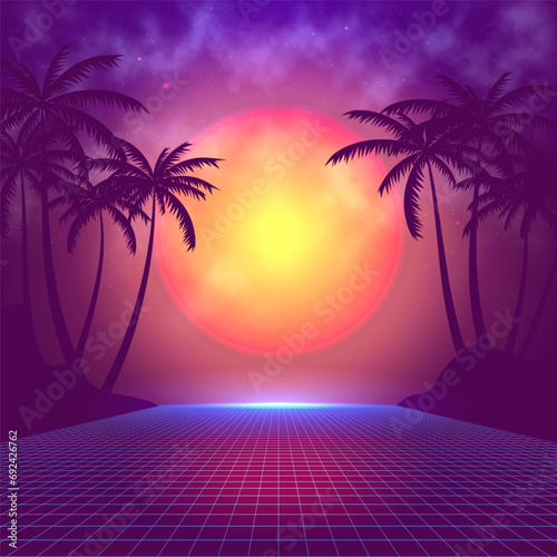 80s futuristic landscape concept. Sunset with palm trees. Vector illustration.