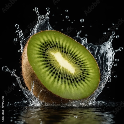 Kiwi fruit with water splash, isolated on black background.