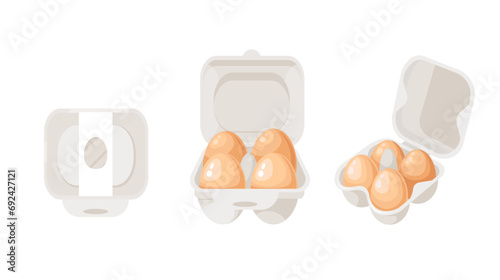 A set of brown chicken eggs in closed and open cardboard boxes. Front view, top view, perspective. A container or tray for storing eggs. Farmer's market, fresh organic products. Flat vector