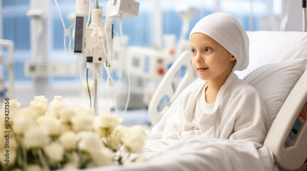 Fototapeta premium A portrait of a bald young patient boy smiling in a cancer hospital bed in a medical care hospice bald after course chemotherapy. Children with cancer concept