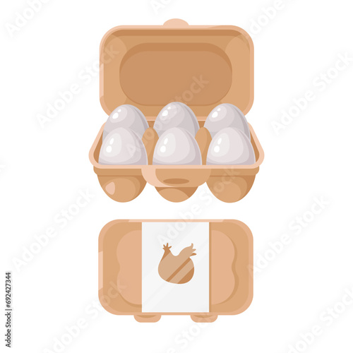 White chicken eggs in a cardboard box. A container or tray for storing eggs. An open and closed box. Farmer's market, fresh organic products. Flat vector illustration 