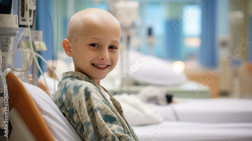 A portrait of a bald young patient boy smiling in a cancer hospital bed in a medical care hospice bald after course chemotherapy. Children with cancer concept