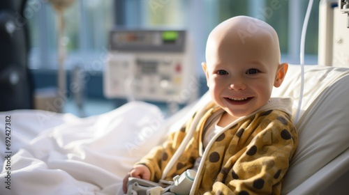 A portrait of a bald young patient boy smiling in a cancer hospital bed in a medical care hospice bald after course chemotherapy. Children with cancer concept