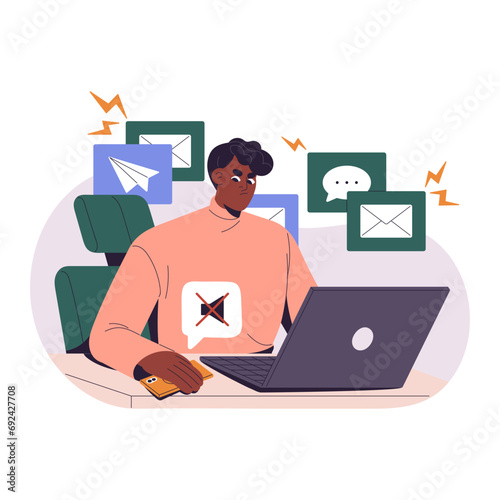 Concentrated employee turns off notifications on smartphone. Message notices annoy, disturb focused worker from work, task. Attention concentration concept. Flat isolated vector illustration on white