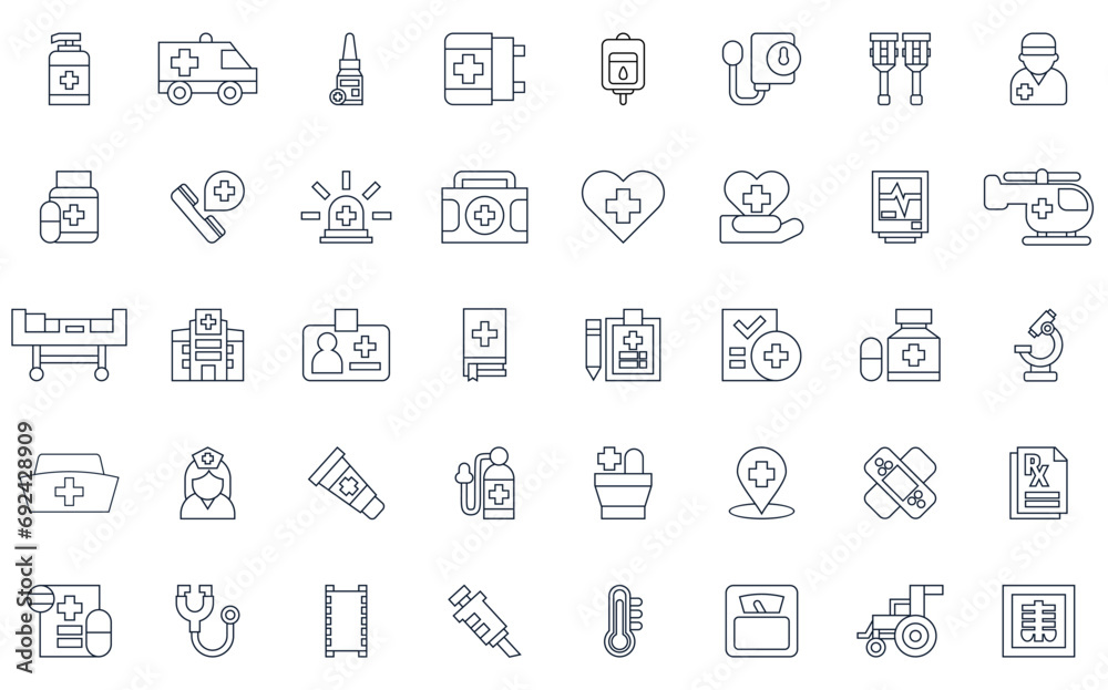 Set line Icons of Medical Assistance Related Vector Simple. Contains such Icons as Crutches, Xray, Hospital Locator, Ambulance and more Set line Icons of Medical Assistance Related Vector Simple. Contains such Icons as Crutches, Xray, Hospital Locator, Ambulance and more