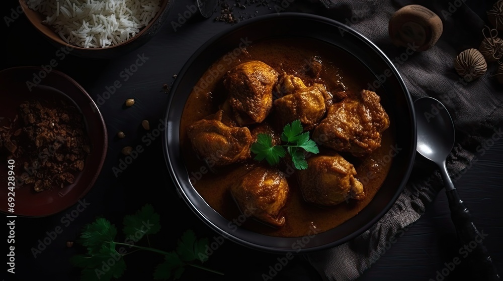 Kerala indian chettinad Chicken Curry  on table, side top short