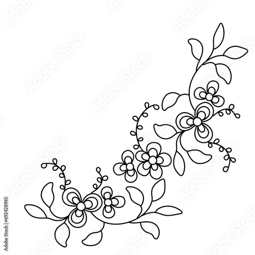 Pattern with flowers. Flowers and leaves. Black and white vector illustration. Coloring book.