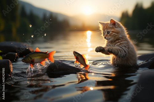 A cat trying to catch fish in the river at sunrise scene use for the World Fisheries Day photo