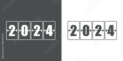 Feliz año nuevo. Logo con número 2024 en fuente tipo pantalla de aeropuerto o marcador de panel digital para su uso en felicitaciones y tarjetas