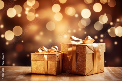 Golden gift box with golden ribbons. Christmas gift on table with Christmas lights bokeh on background © Oxy Grizzly