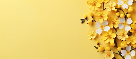 White and yellow spring flowers on yellow background.